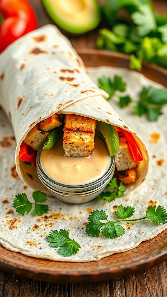 A chipotle ranch grilled chicken burrito with colorful fillings on a rustic plate with ranch dressing.
